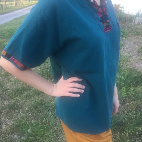 🏞Colorful Embroidered Shirt, Teal, Hippie, Boho - Picture 4 of 5